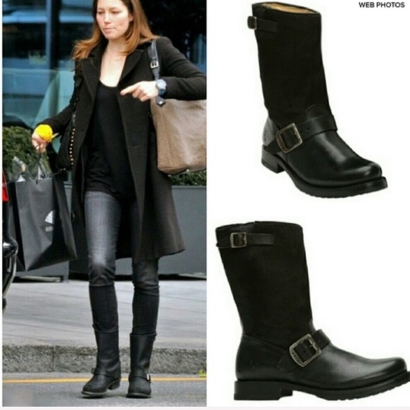 Frye Veronica Short Belted Black Leather Popular Moto Vintage Combat Ankle Boot - Picture 8 of 16